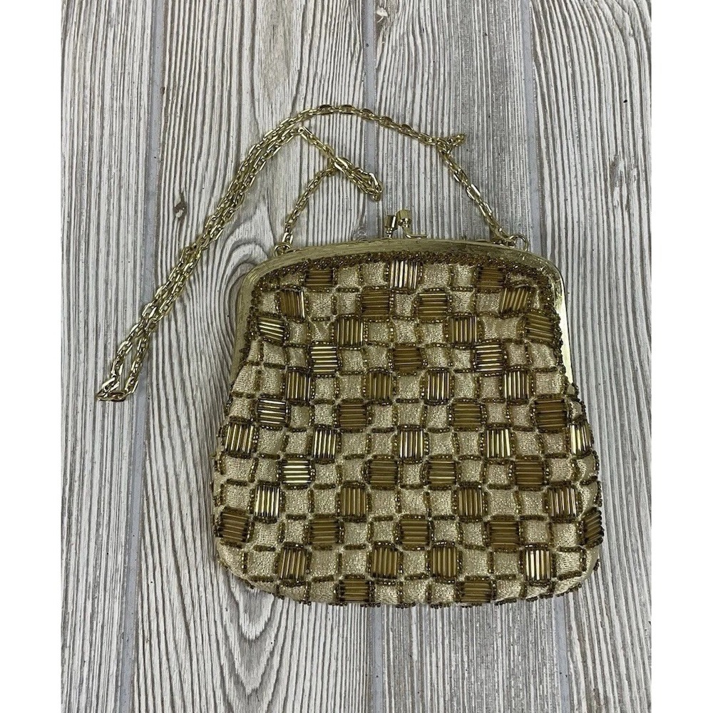 Walborg Vintage 1950s Gold Beaded Evening Bag Hand Made Hong Kong Kiss Lock